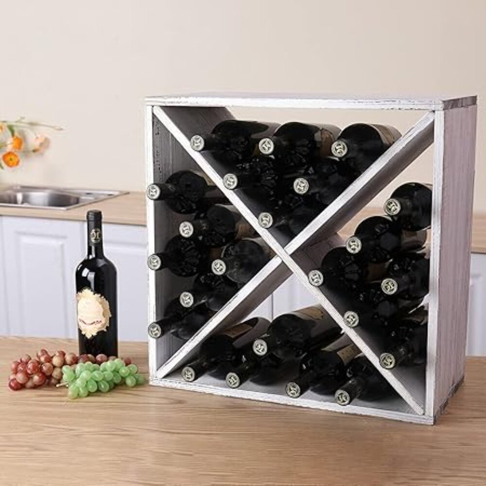24-Bottle Wine Rack, Rustic Wooden Storage Cube, Weathered White - Picture 4 of 7